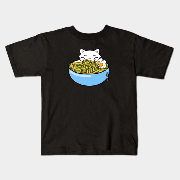 Cute white kitten eating a bowl of yummy ramen noodles Kids T-Shirt by Purrfect